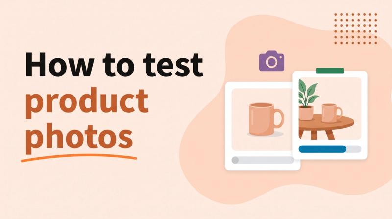 Illustrated title card reading 'How to test product photos' beside two photo cards of a mug with vote bars and a camera icon