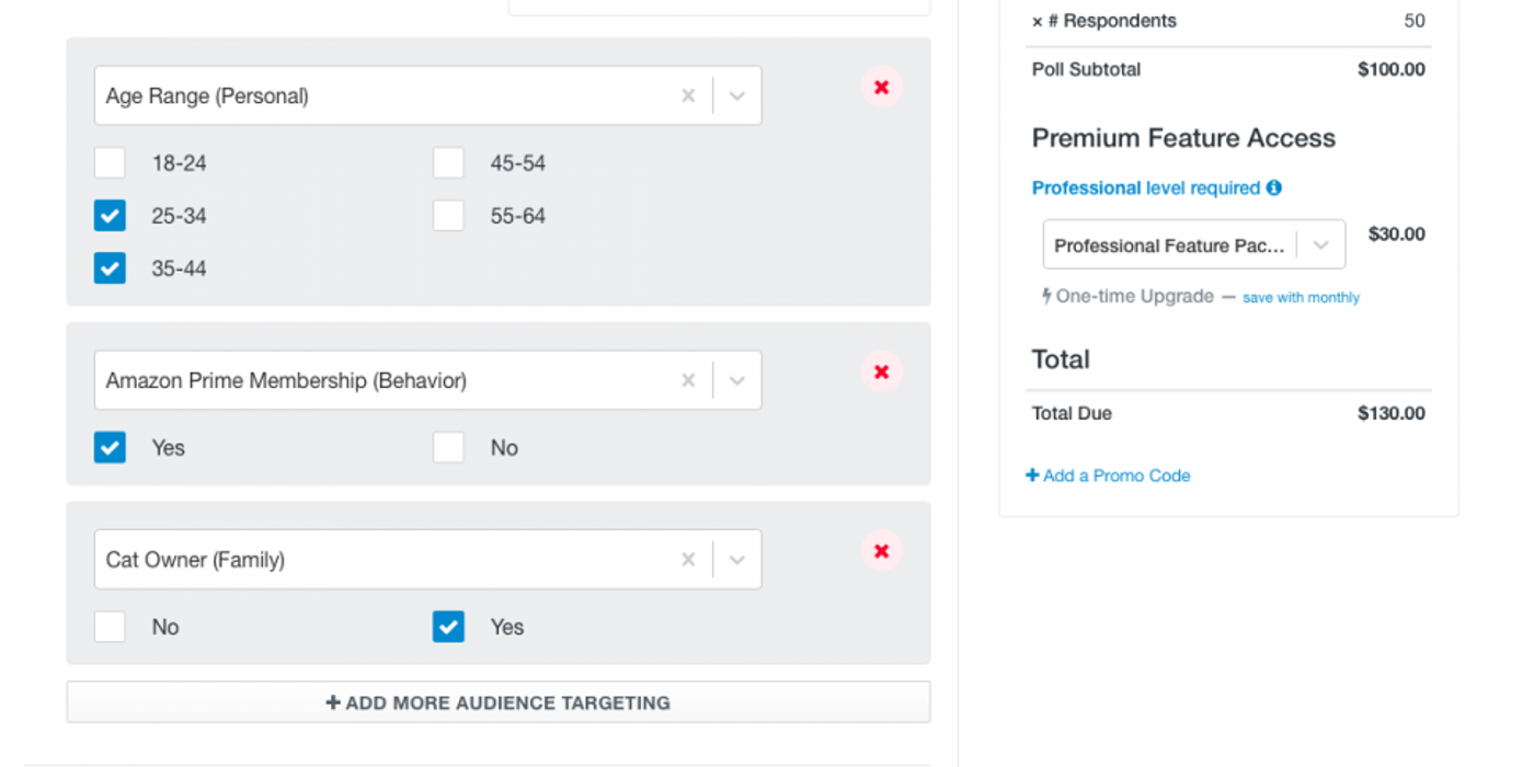 PickFu audience targeting panel with age range, Amazon Prime membership and cat owner filters