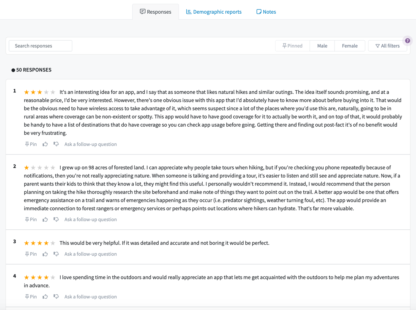 Screenshot of comments from Open-Ended poll about a hiking-themed mobile app.