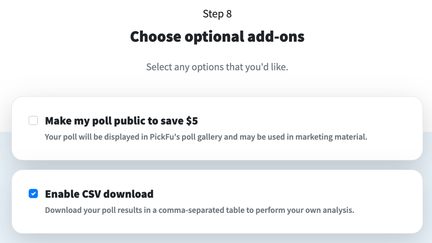 PickFu poll builder: optional add-ons screen