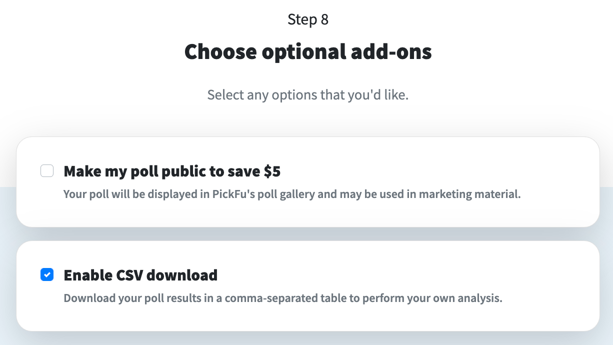 PickFu poll builder: optional add-ons screen