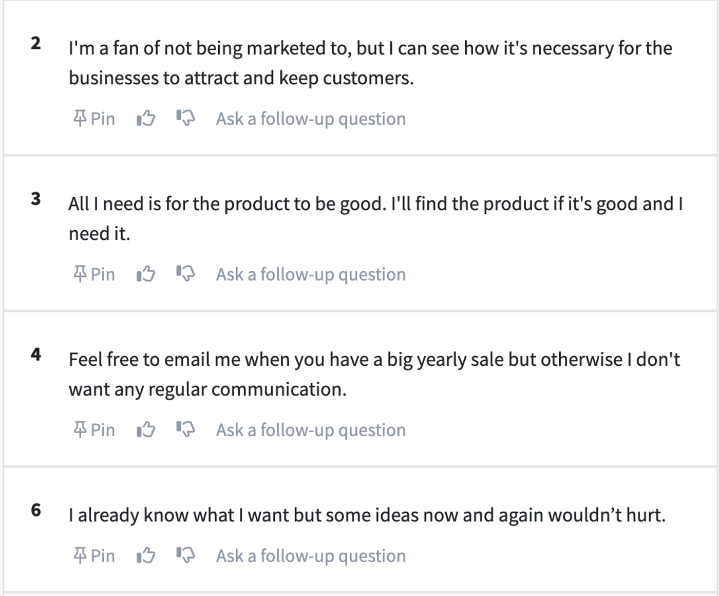 Screenshot of comments from PickFu poll about whether or not e-commerce companies should market to consumers