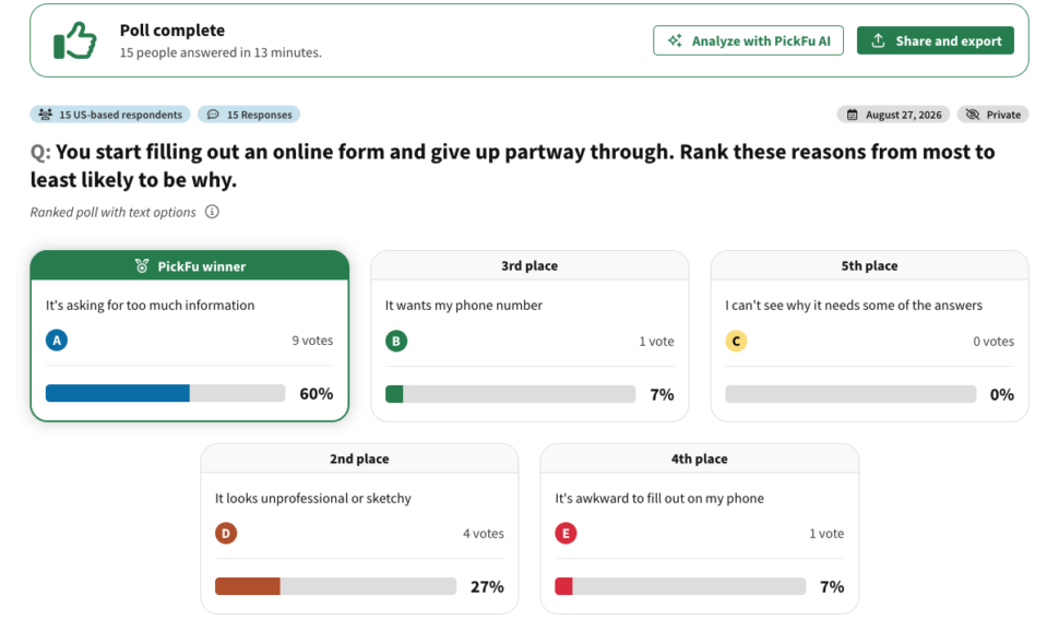 You start filling out an online form and give up partway through. Rank these reasons from most to least likely to be why.