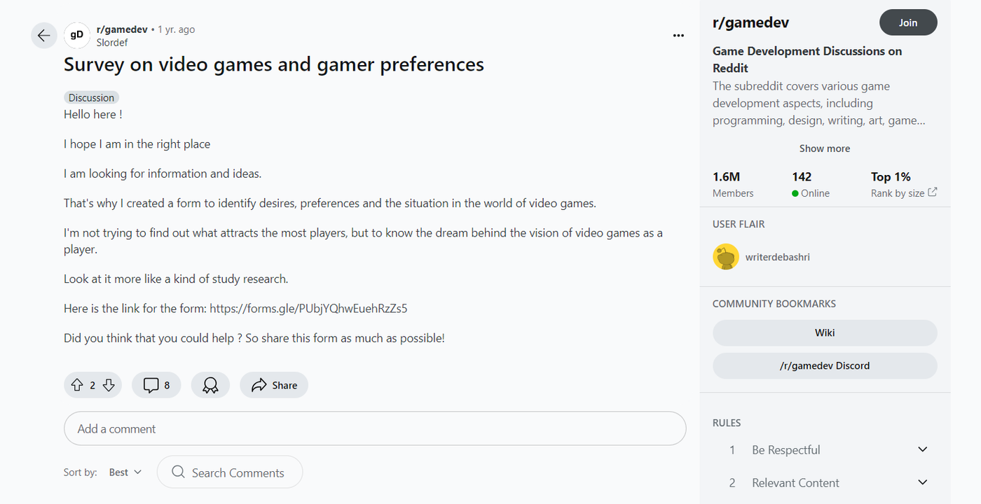 Reddit survey on game development, showing a thread.