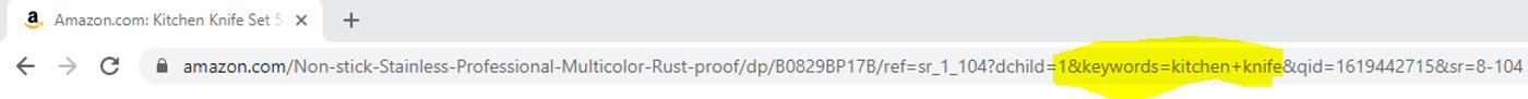 Search find buy: screenshot of a kitchen knife URL from an Amazon search results page