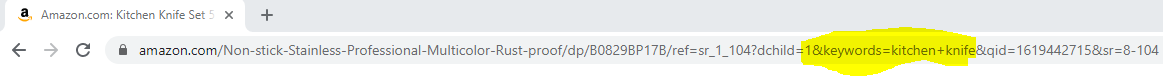 Search find buy: screenshot of a kitchen knife URL from an Amazon search results page