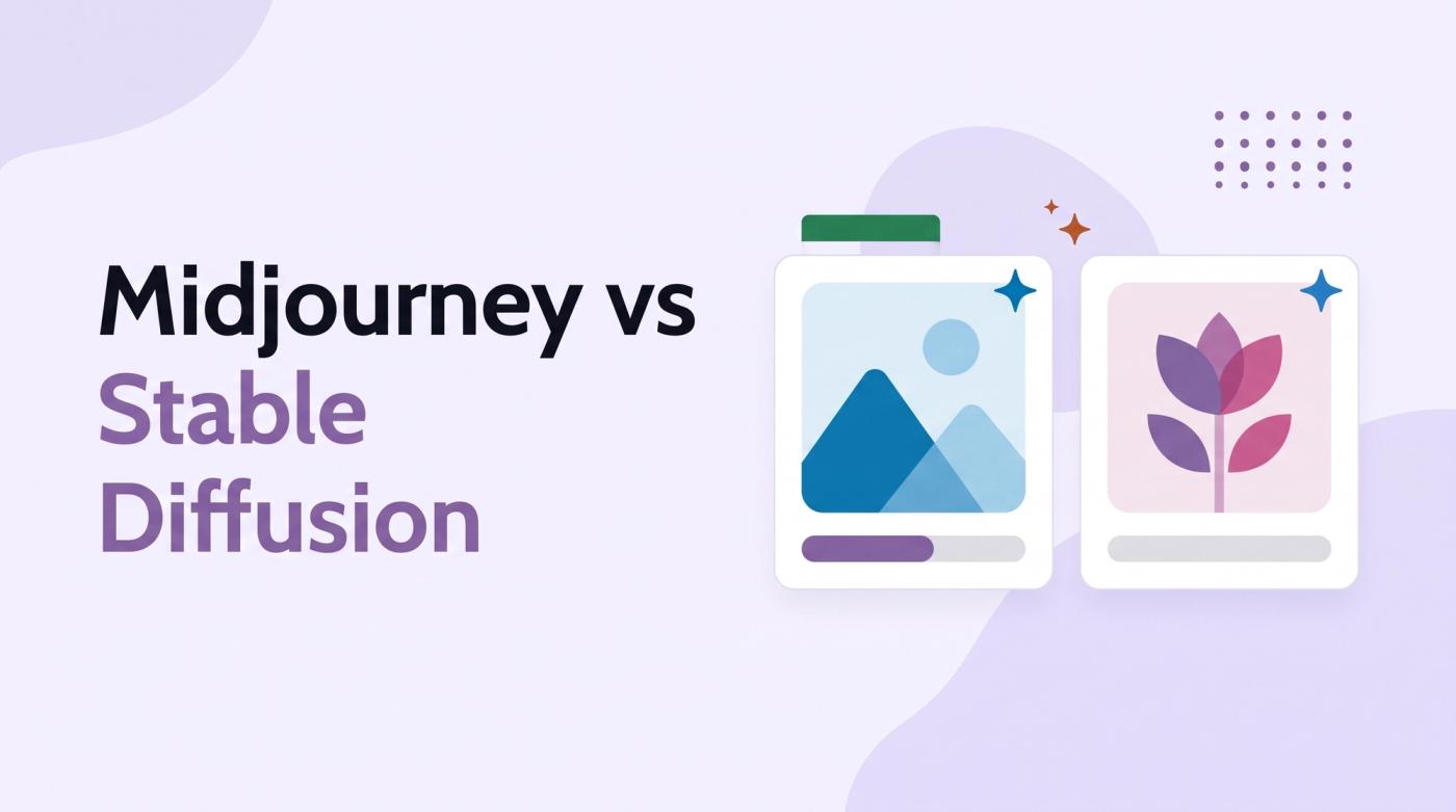 Illustrated title card reading 'Midjourney vs Stable Diffusion' beside two image cards with abstract generated art and vote bars