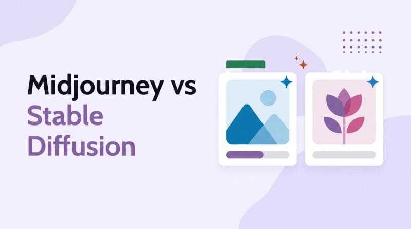 Illustrated title card reading 'Midjourney vs Stable Diffusion' beside two image cards with abstract generated art and vote bars