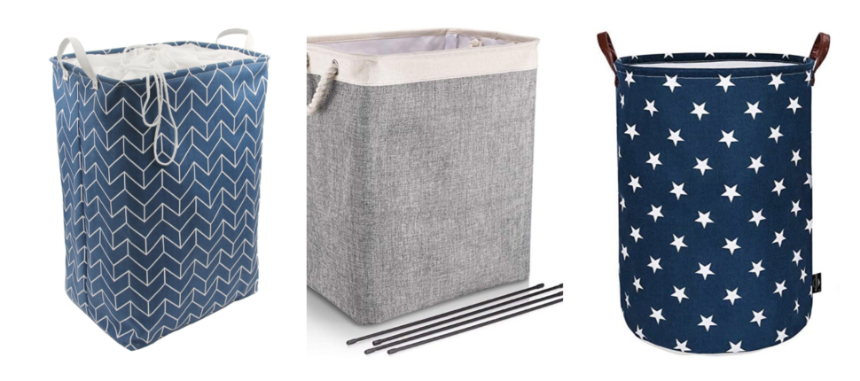 Three collapsible laundry hampers in grey and navy patterns