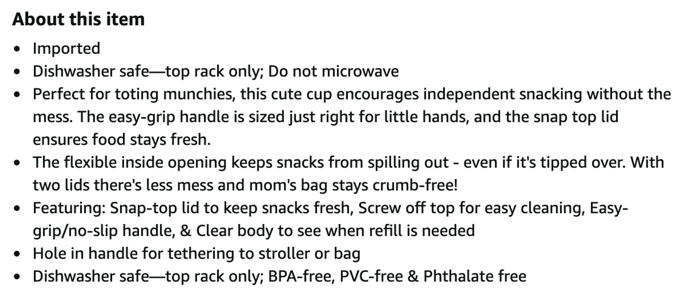 Amazon About this item bullet list for a snack cup