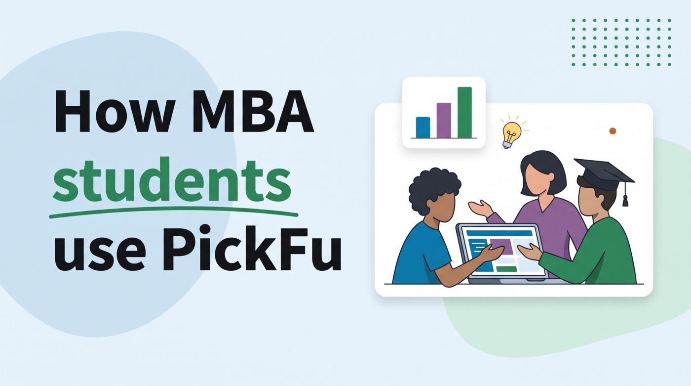 Illustrated title card reading 'How MBA students use PickFu' beside students around a laptop, one in a graduation cap, with a bar chart