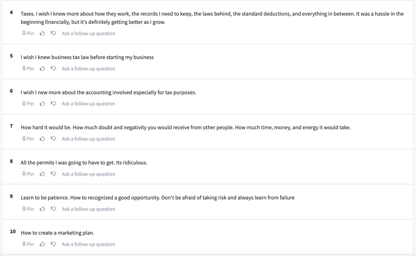 Screenshot of PickFu poll comments from small business owners about what they wished they'd known.