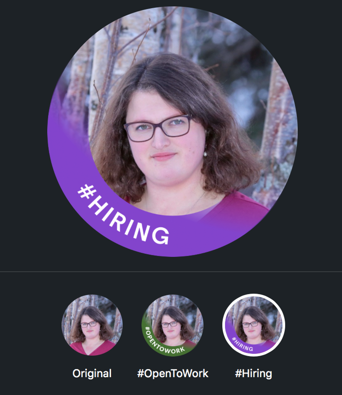 A LinkedIn profile photo of a woman with brown hair and glasses with a banner that reads "#HIRING."