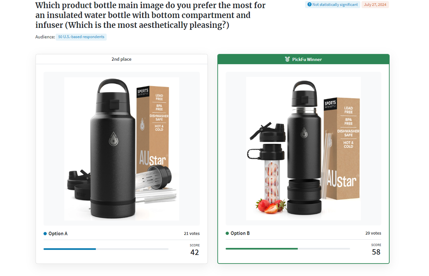 Comparing two product images side by side of an insulated water bottle.