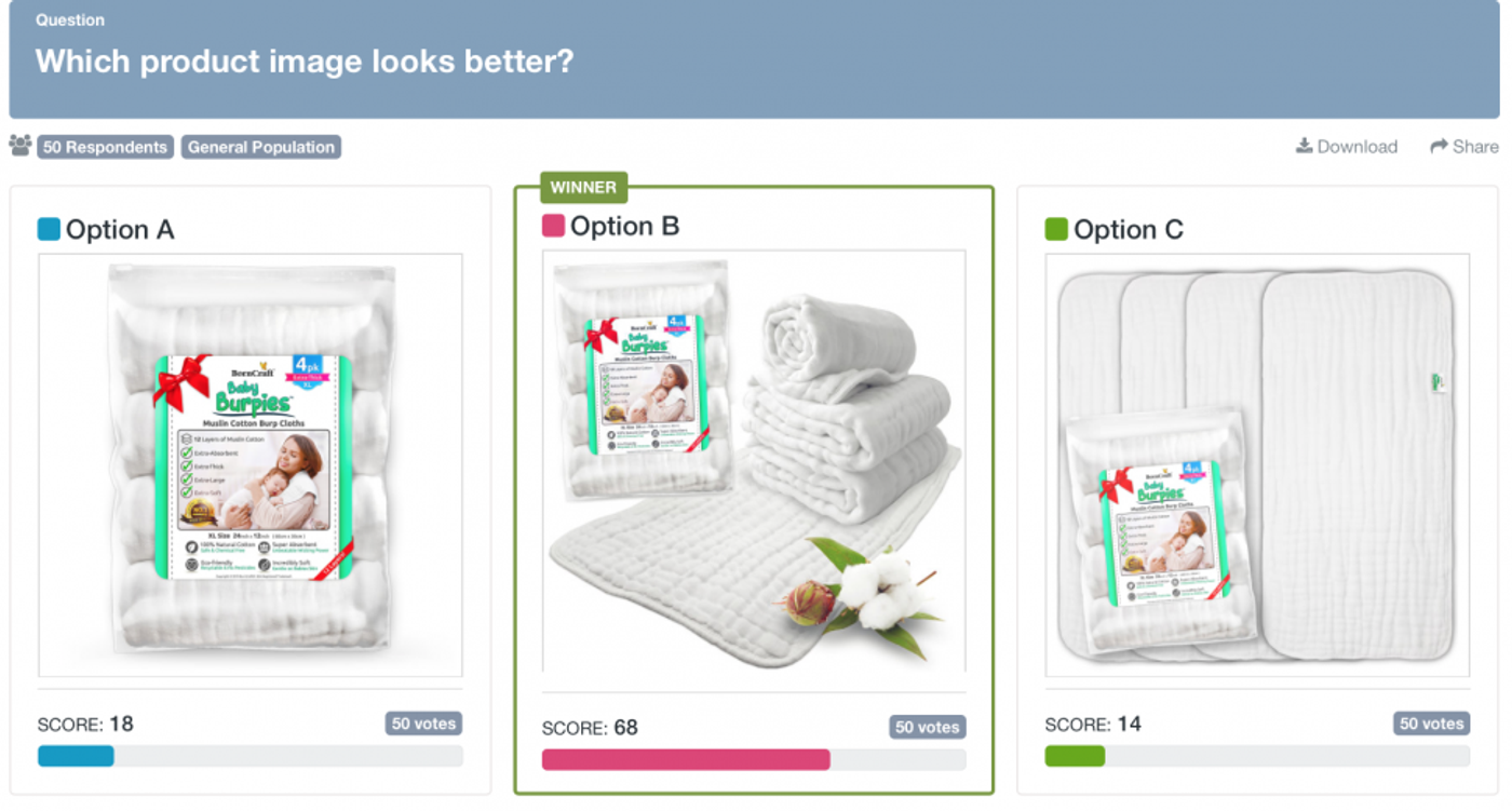 PickFu poll comparing three baby product packaging designs