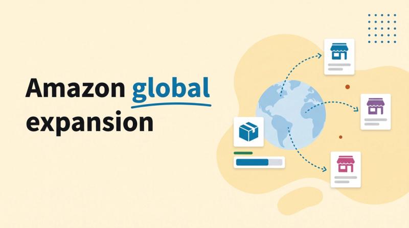 Illustrated title card reading 'Amazon global expansion' beside a globe with dotted route arcs leading to three storefront cards