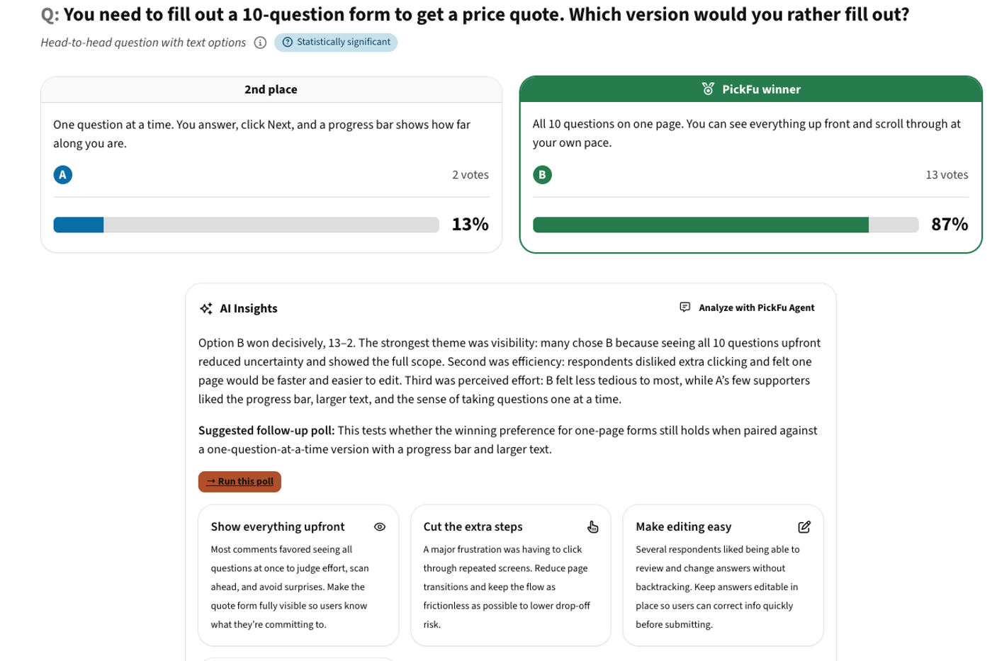 one question at a time vs all on one page form test pickfu results