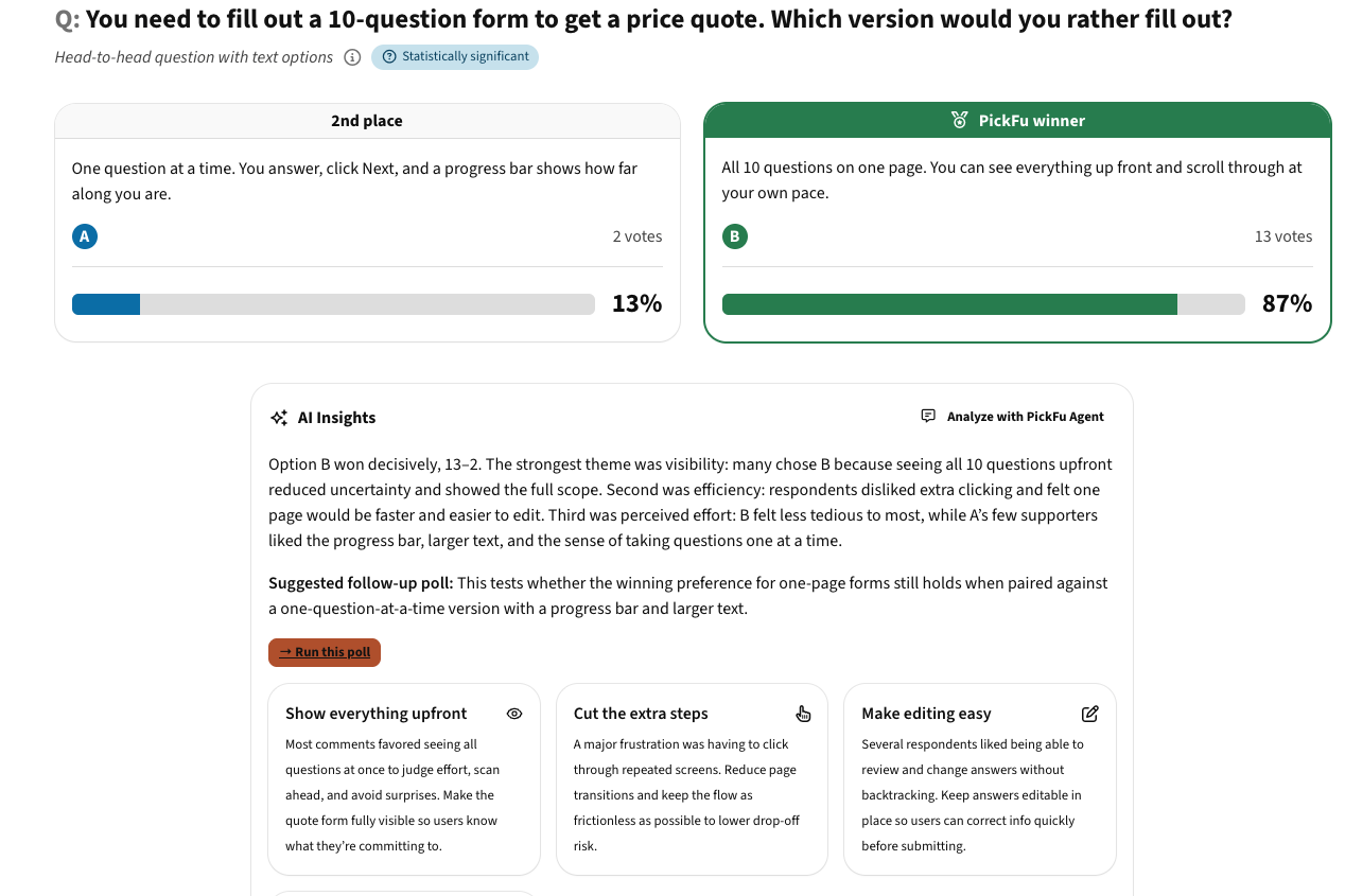 one question at a time vs all on one page form test pickfu results