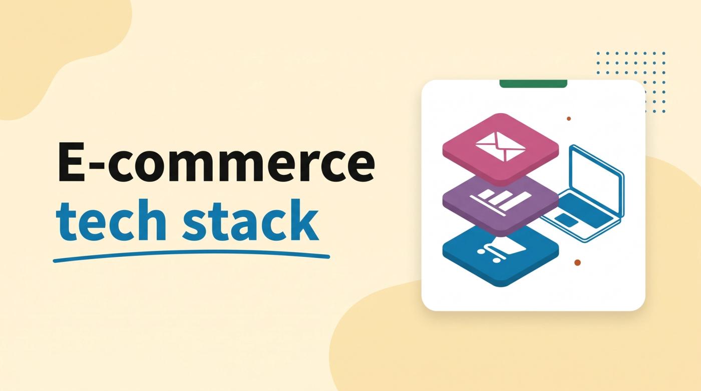 Illustrated title card reading 'E-commerce tech stack' beside three stacked layers with tool icons and a laptop