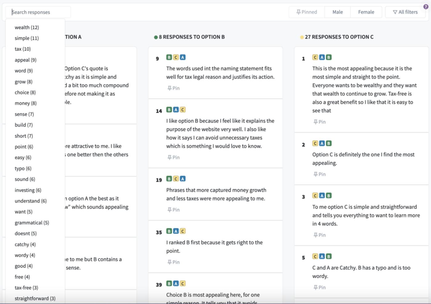 screenshot of the word filter for a PickFu poll testing options for a brand's value prop statement
