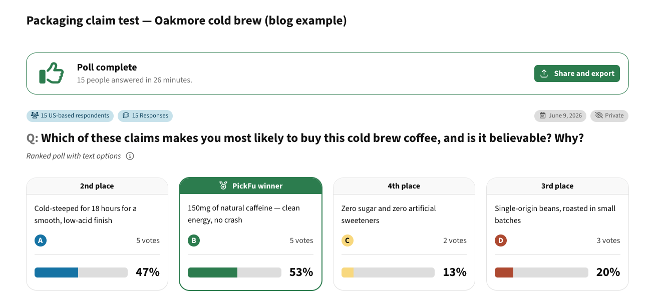 oakmore cold brew packaging claim test pickfu results