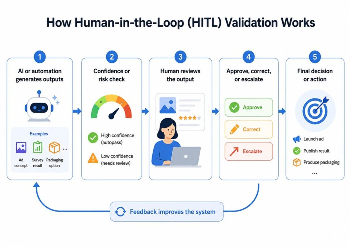 Human-in-the-loop validation workflow diagram showing AI output, risk check, human review, approval or correction, and final action.