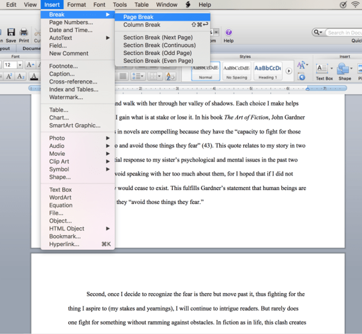 Microsoft Word Insert menu with Page Break
