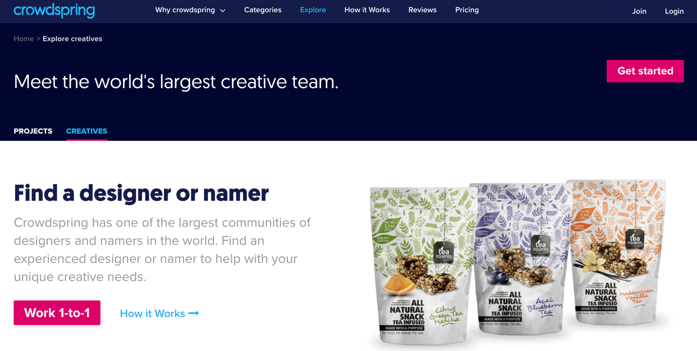 Screenshot of crowdspring, an alternative to 99designs.