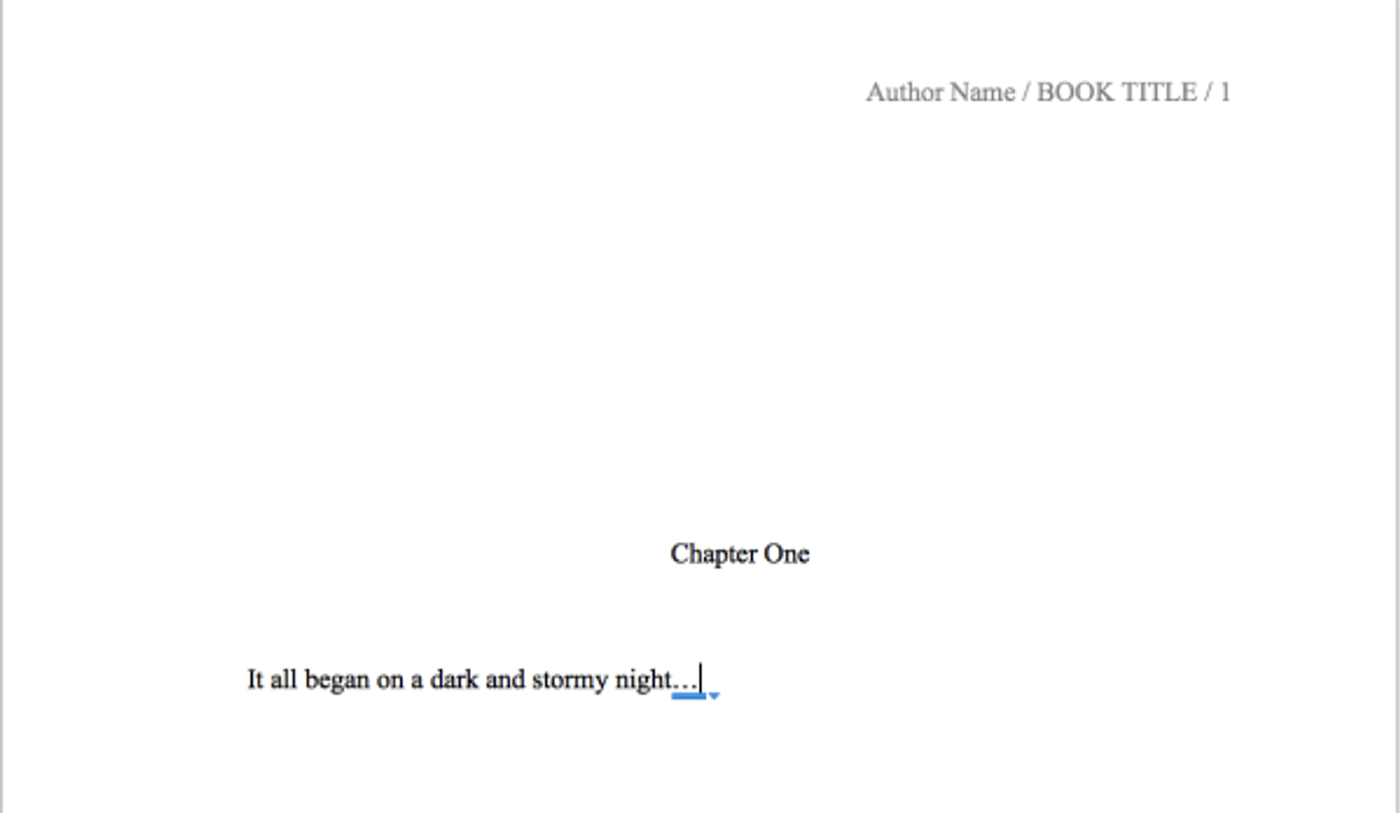 Chapter One heading and first line on a manuscript page in Word