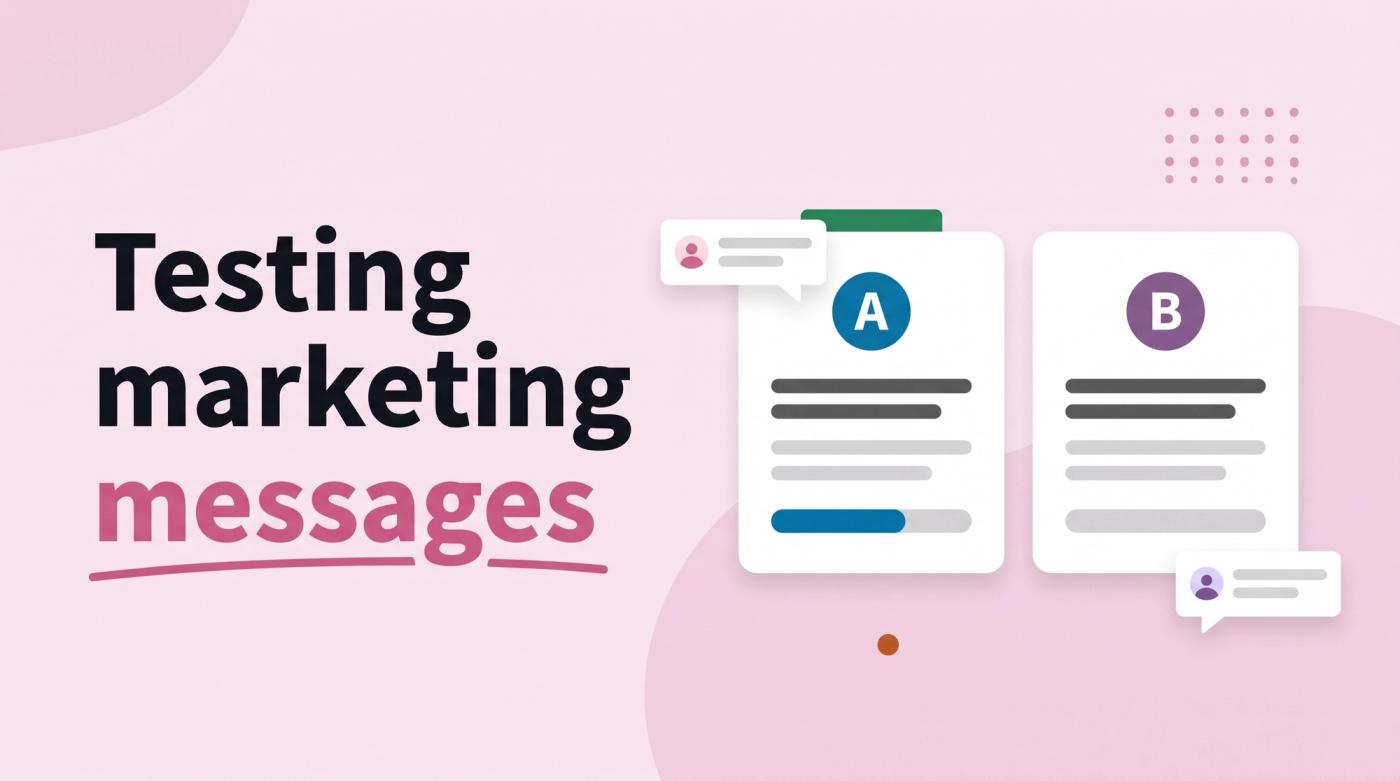 Illustrated title card reading 'Testing marketing messages' beside two headline cards with vote bars and speech bubbles