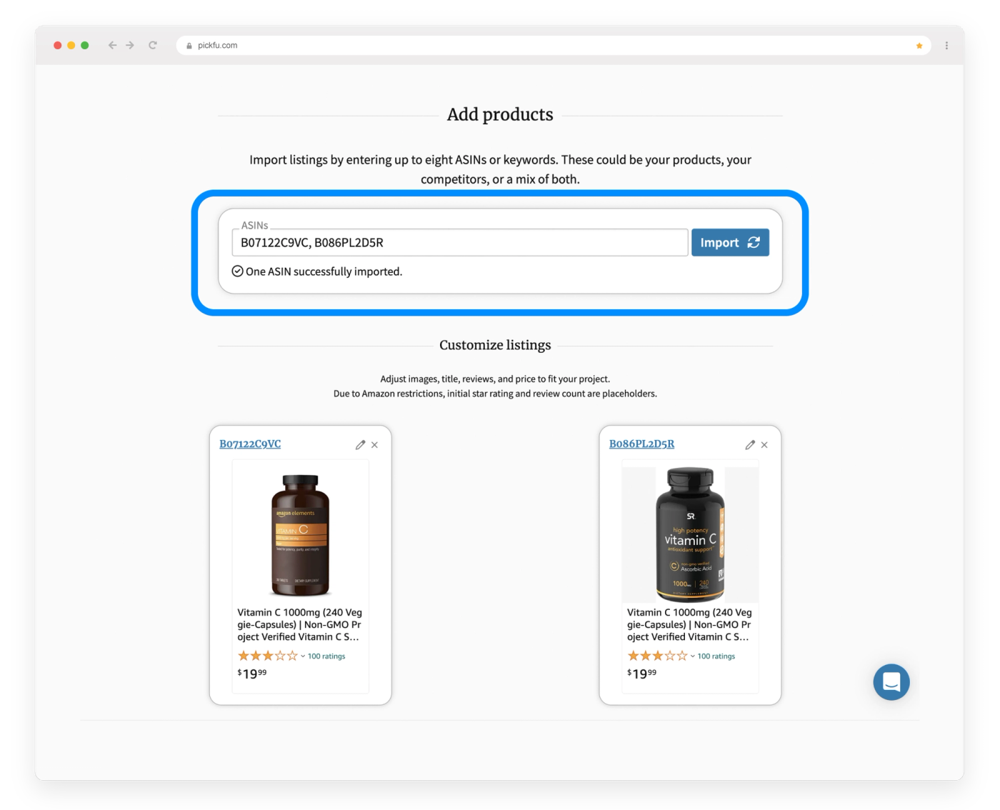 Screenshot of "Add products" field of PickFu Amazon mockup generator