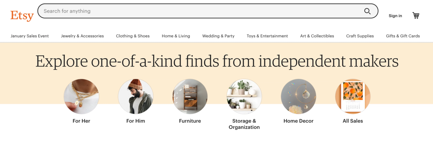 Etsy's homepage showing a selection of items for sale