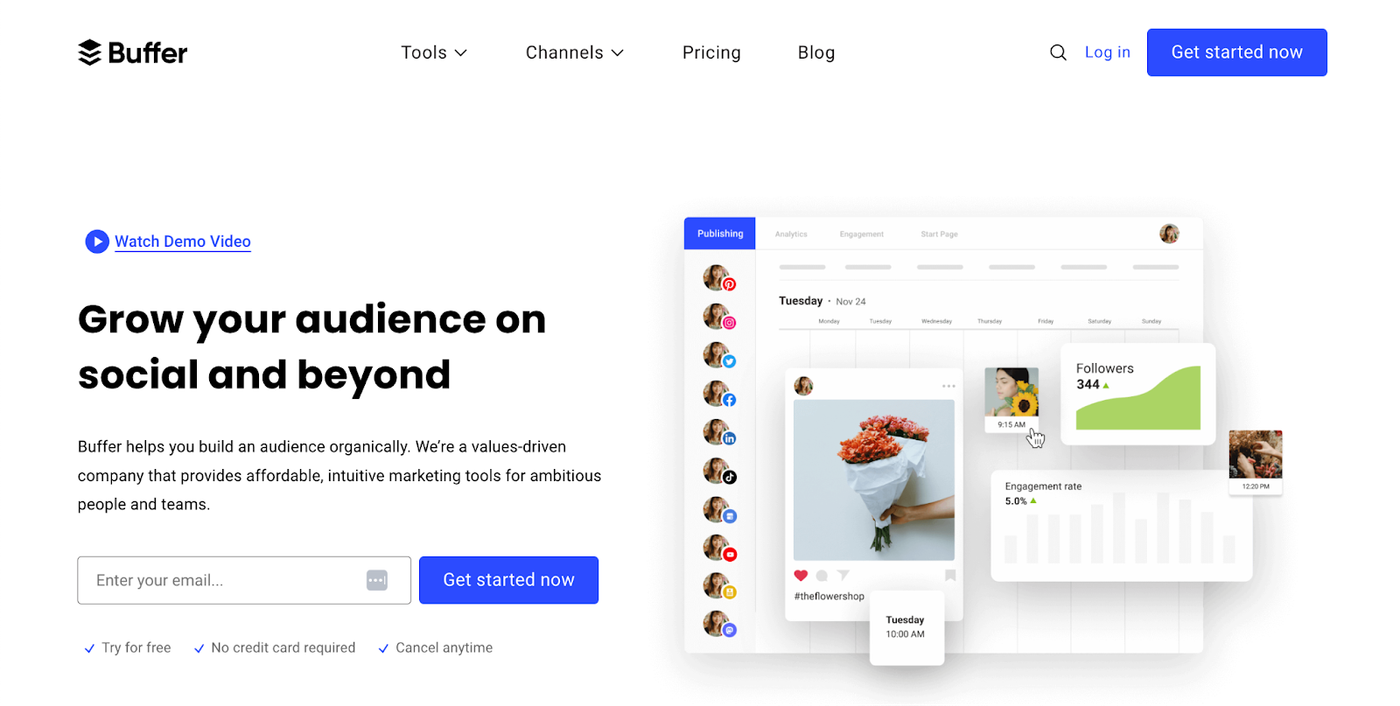 Buffer homepage screenshot, above the fold desktop.