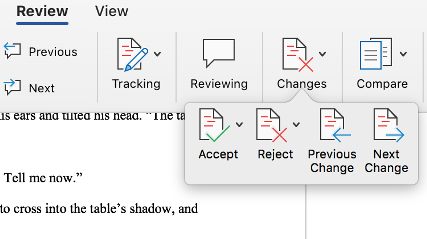 Microsoft Word Review tab with Accept, Reject, Previous and Next change buttons