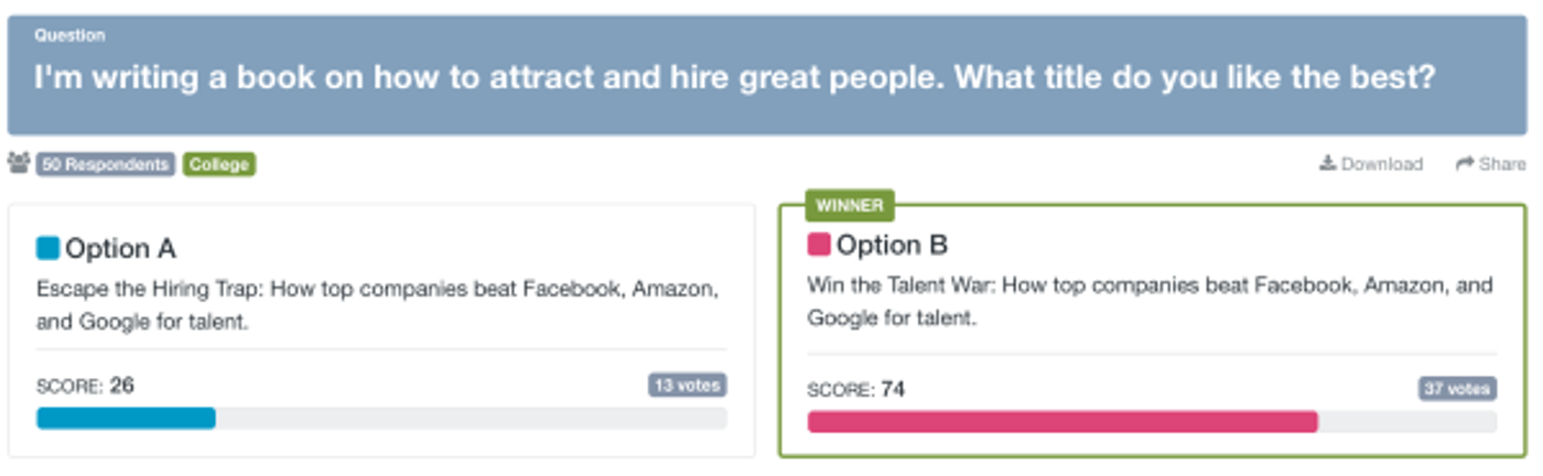 PickFu poll comparing two book titles about hiring great people