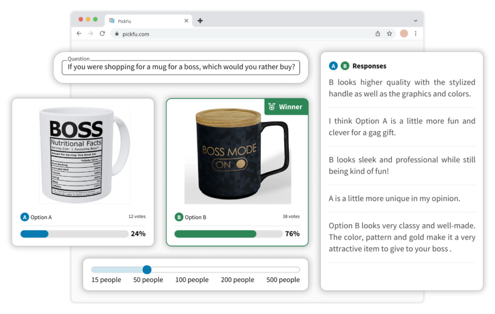 PickFu head-to-head poll comparing two mug designs for a boss gift, with respondent comments