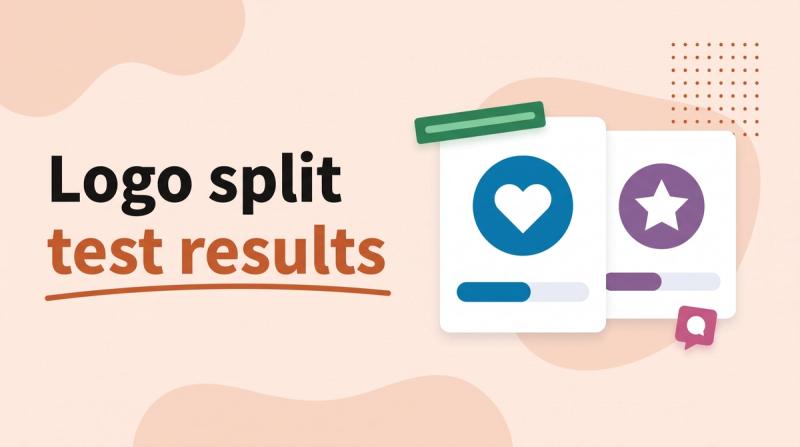 Illustrated title card reading 'Logo split test results' beside two logo cards with nearly even vote bars