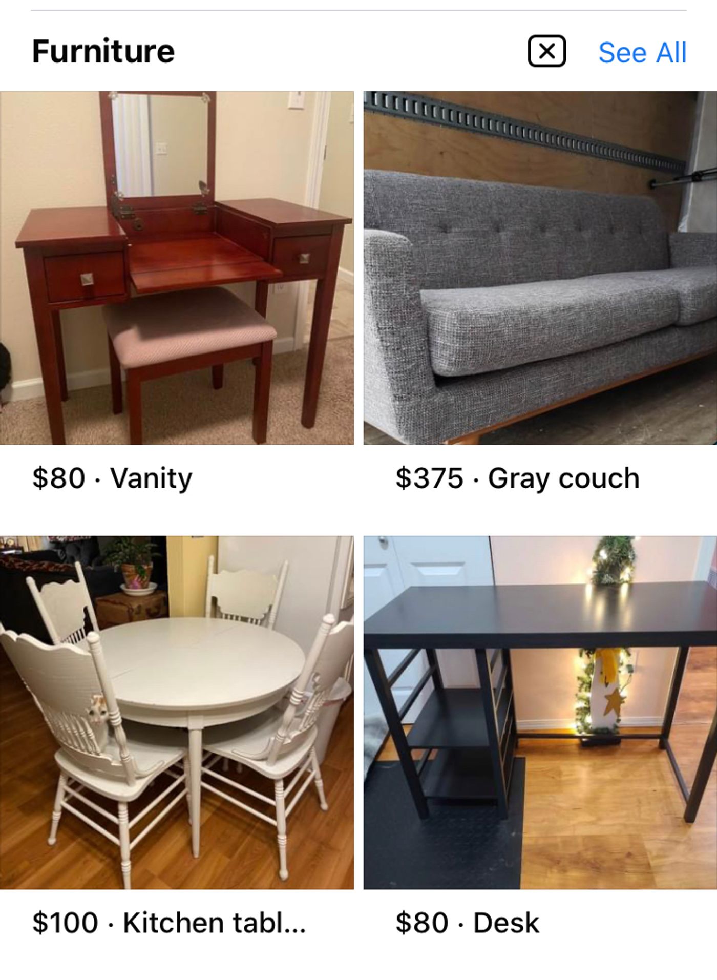 Facebook Marketplace furniture listings showing a vanity, couch, table and desk with prices