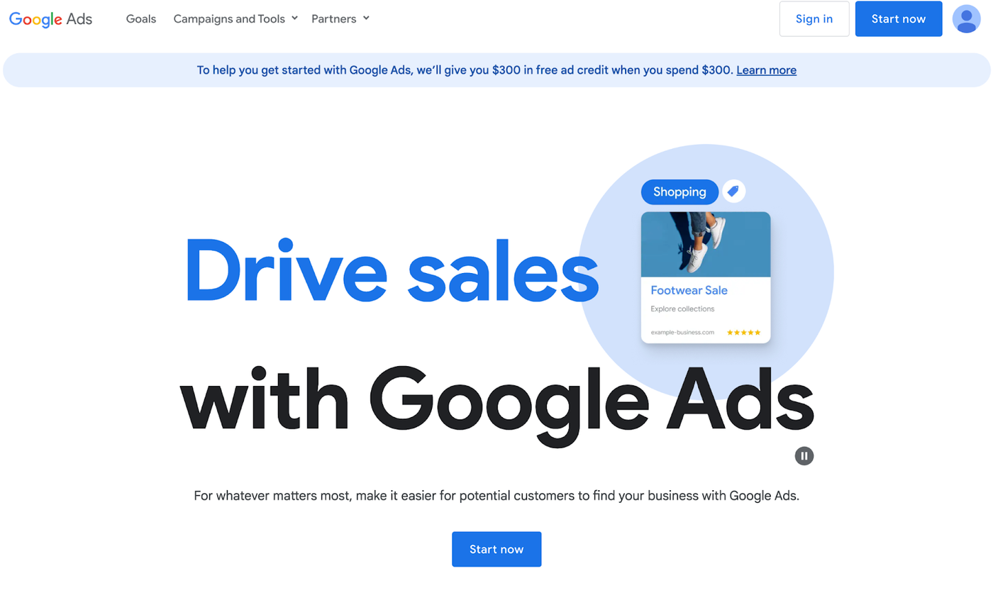 Google adwords homepage desktop screenshot, above the fold
