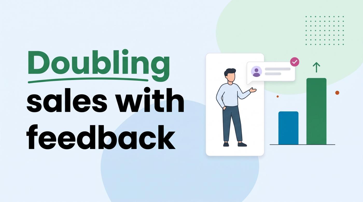 Illustrated title card reading 'Doubling sales with feedback' beside a person next to a bar chart that doubles in height and a speech bubble