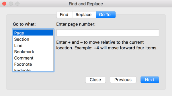 Microsoft Word Go To dialog with the Page option selected