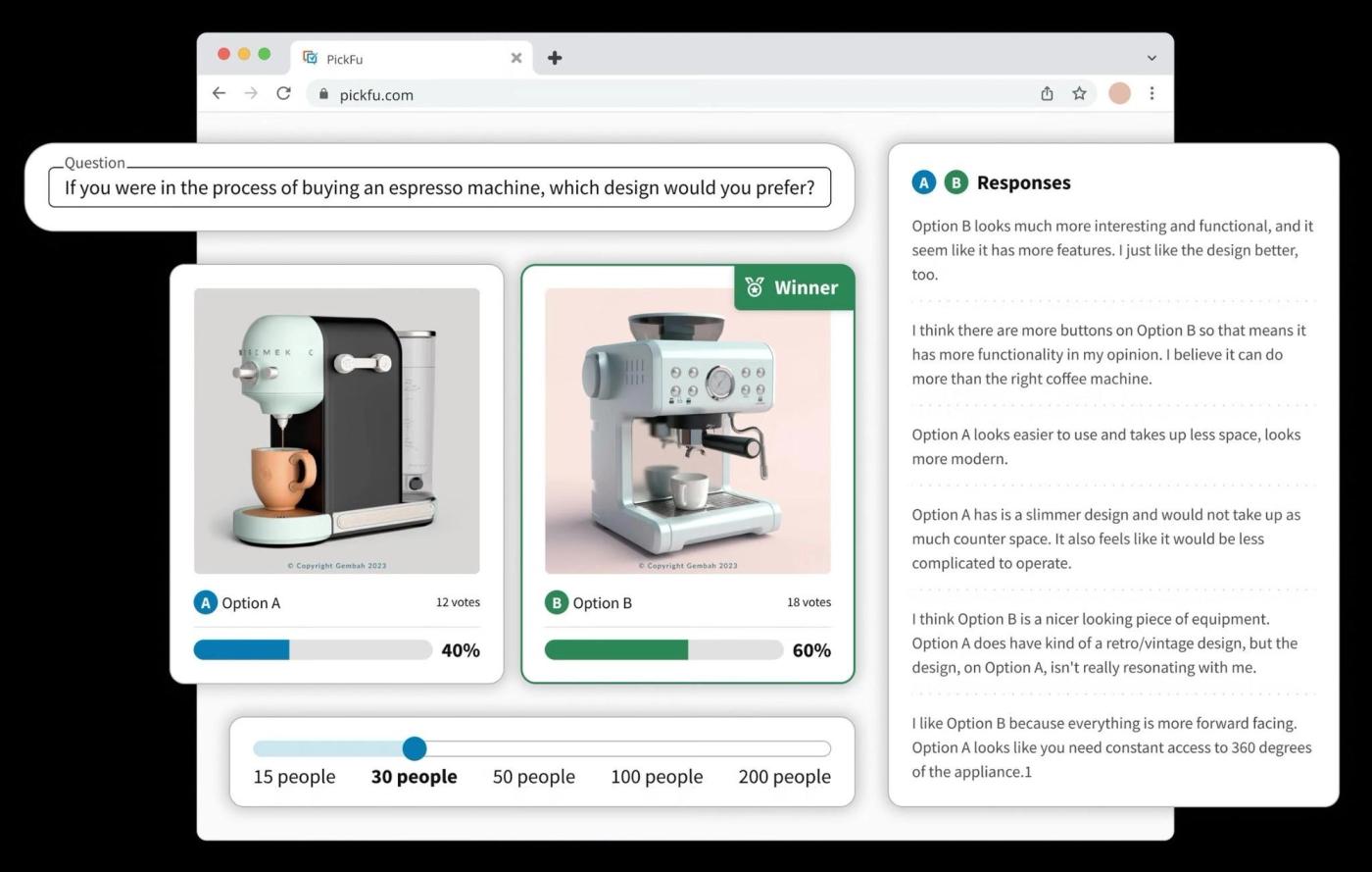 PickFu design validation results with written feedback from respondents