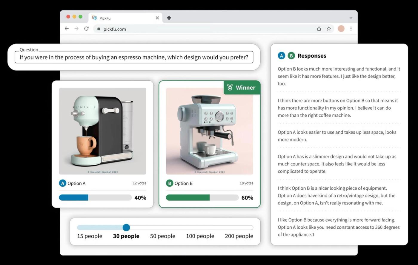 PickFu design validation results with written feedback from respondents