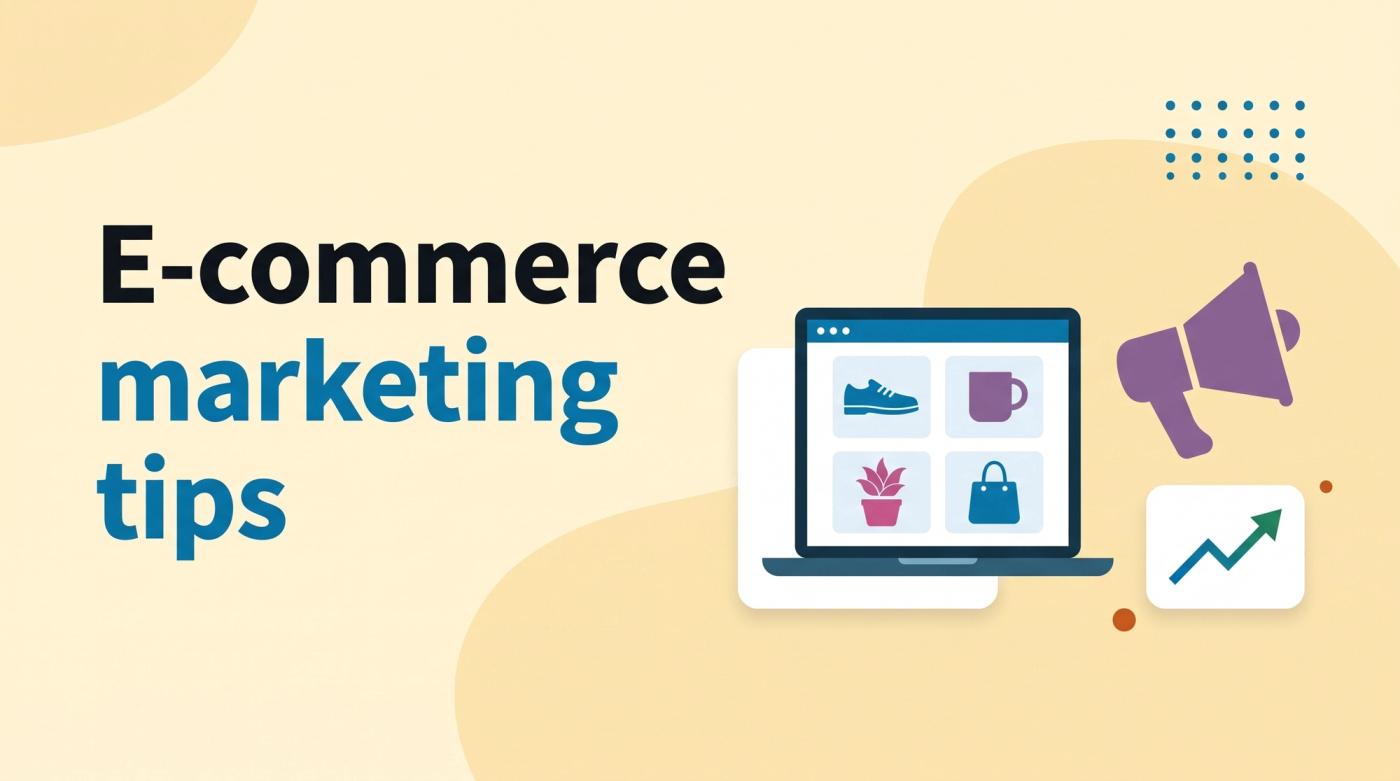 Illustrated title card reading 'E-commerce marketing tips' beside a laptop with a storefront, a megaphone and a rising chart