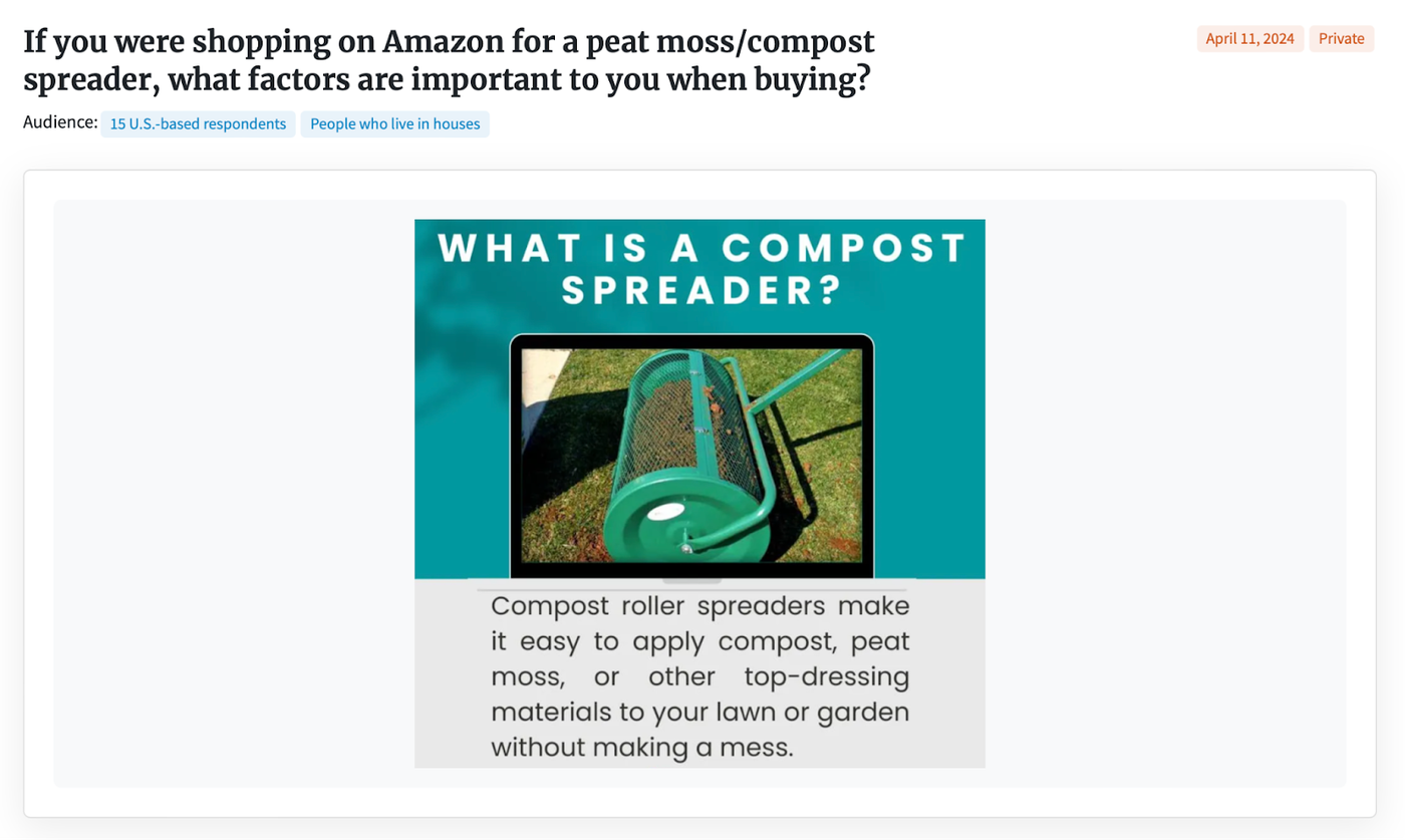 Screenshot of a PickFu survey question asking about shopping for a peat moss/compost spreader on Amazon