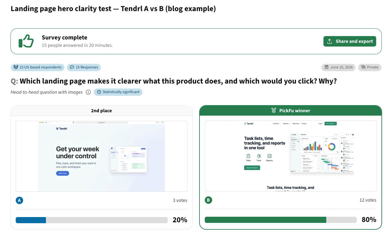 landing page hero clarity test pickfu results