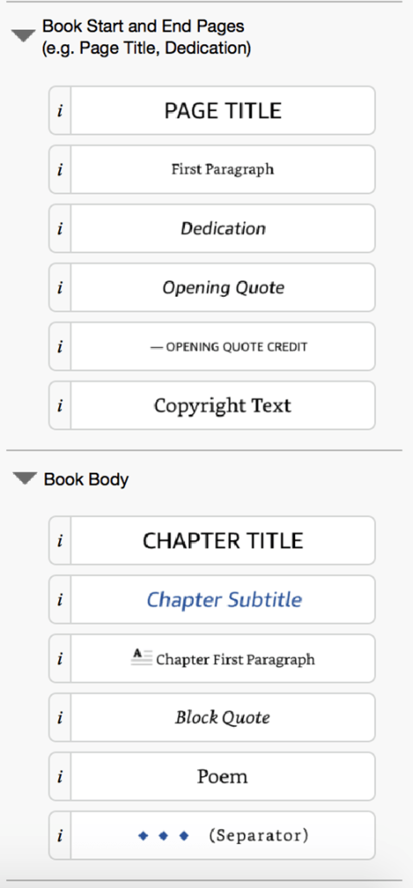 Kindle Create chapter and front matter element list