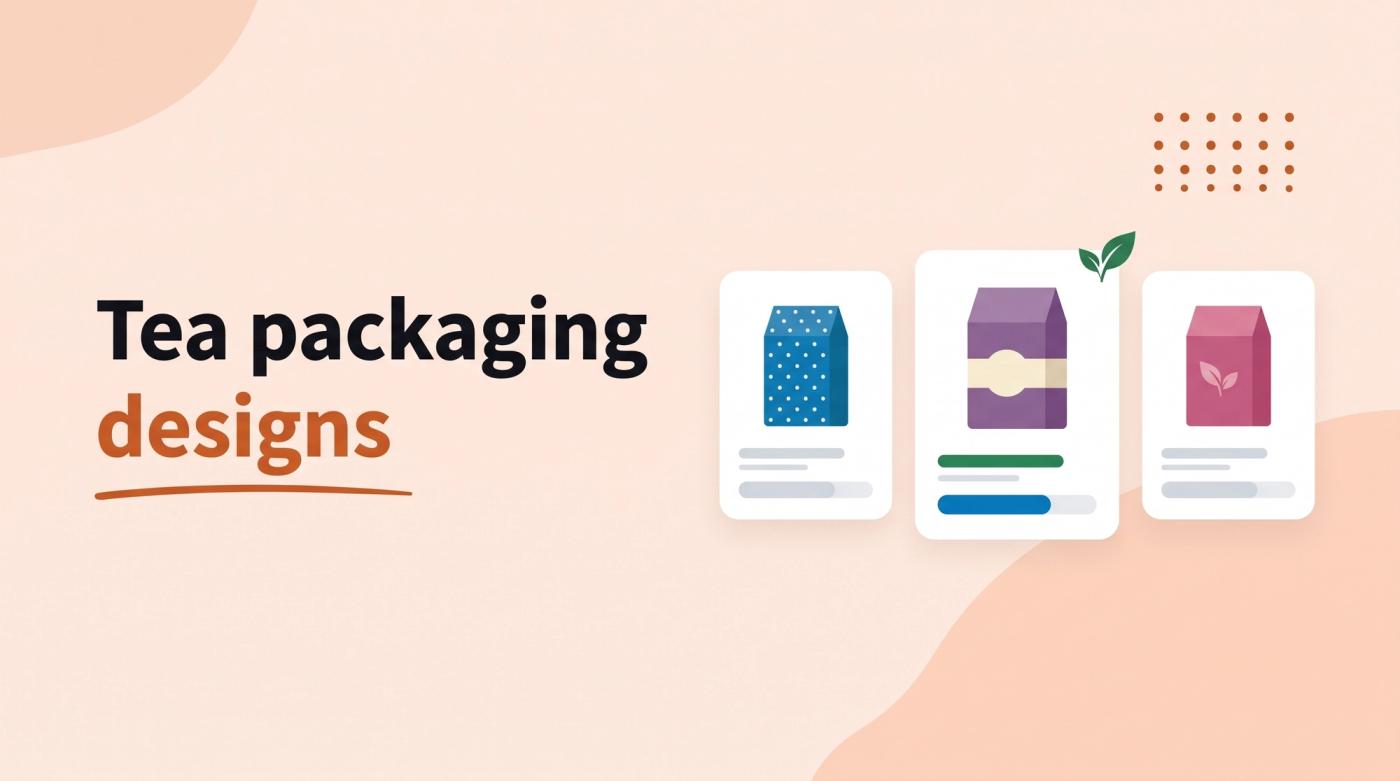 Illustrated title card reading 'Tea packaging designs' beside three tea boxes with abstract patterns and vote bars