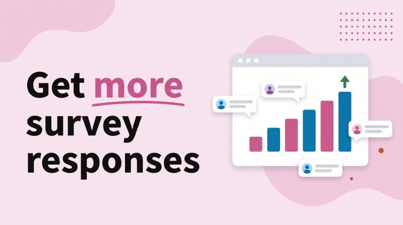 Illustrated title card reading 'Get more survey responses' beside a rising bar chart with speech bubbles drifting in