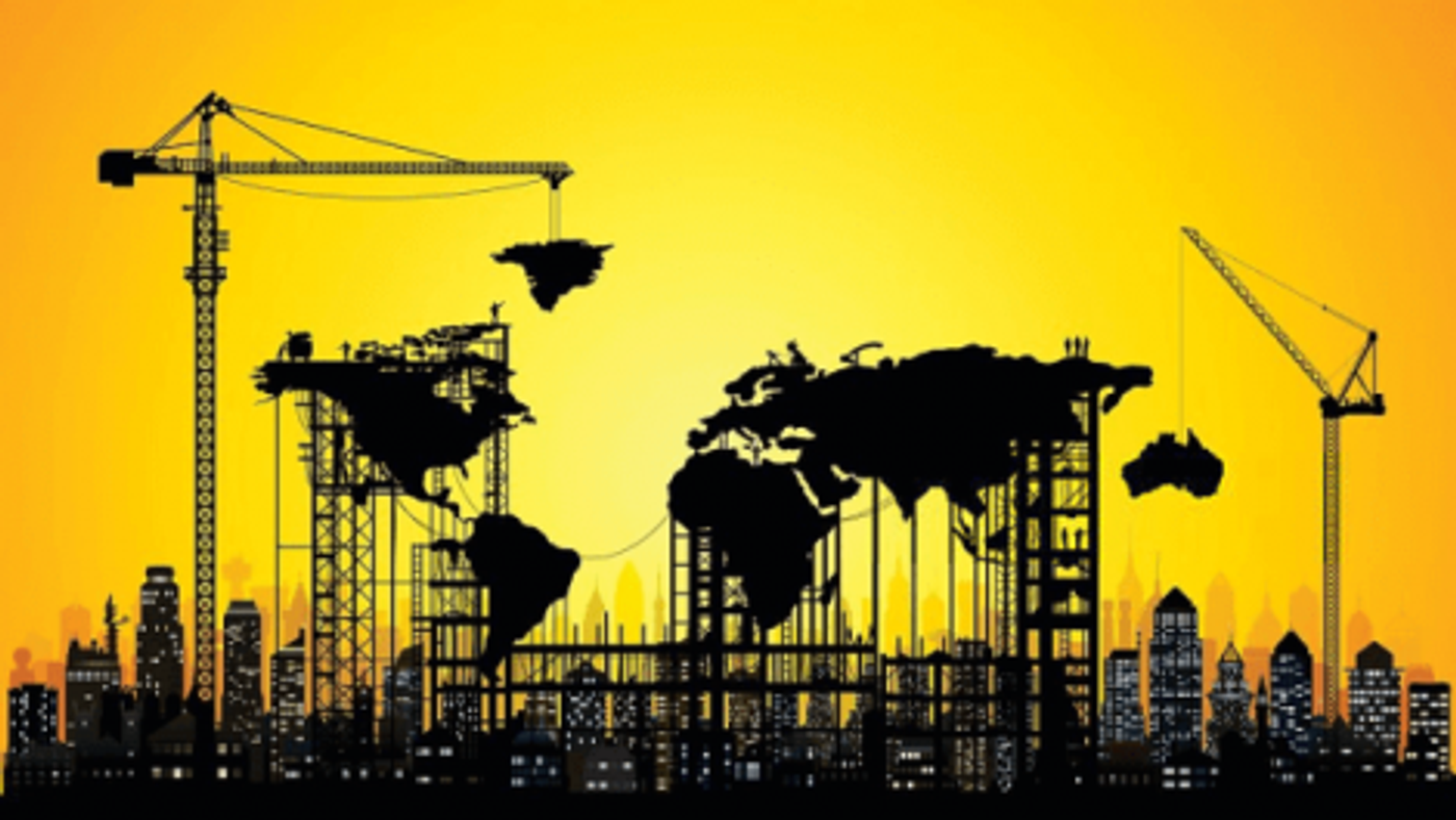 An image of the world with a yellow background, but cities and cranes creating connections. It is a metaphor to explain the change in times and how we're all connected.